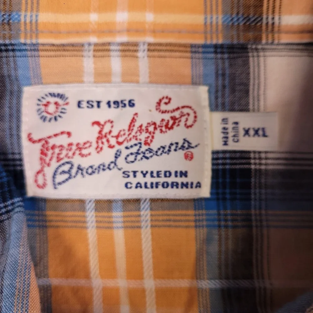 True Religion Men's Western Peal Snap Shirt Orange Blue Plaid XXL Cotton S/S